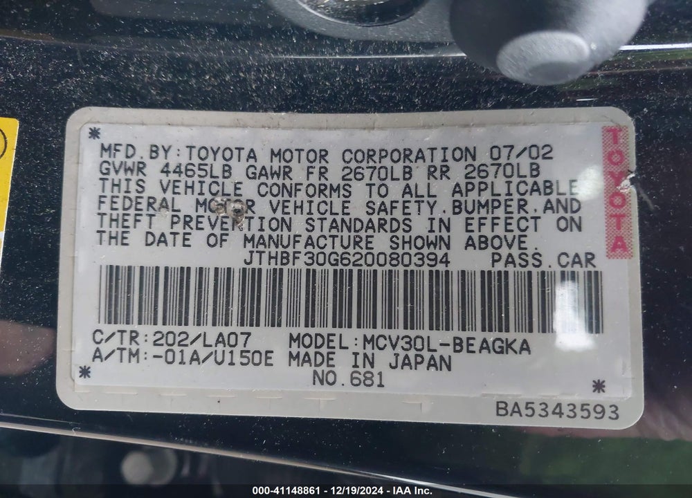 2002 LEXUS ES 300 VIN: JTHBF30G620080394