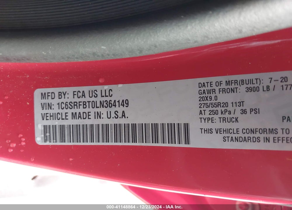 2020 RAM 1500 VIN: 1C6SRFBT0LN364149