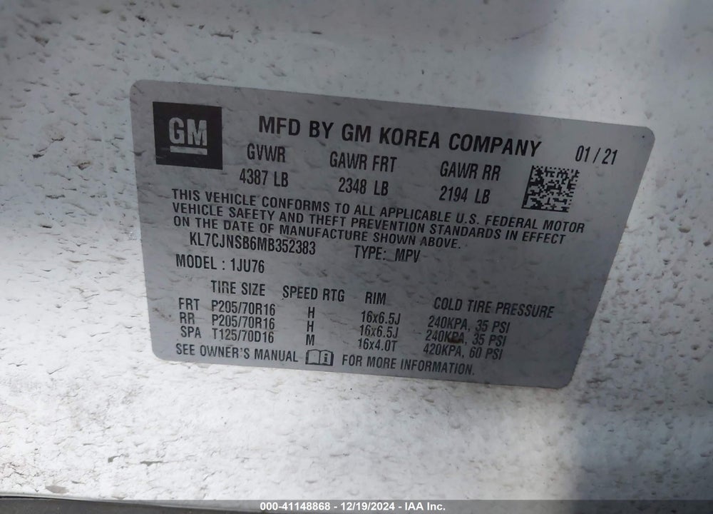 2021 CHEVROLET TRAX AWD LS VIN: KL7CJNSB6MB352383