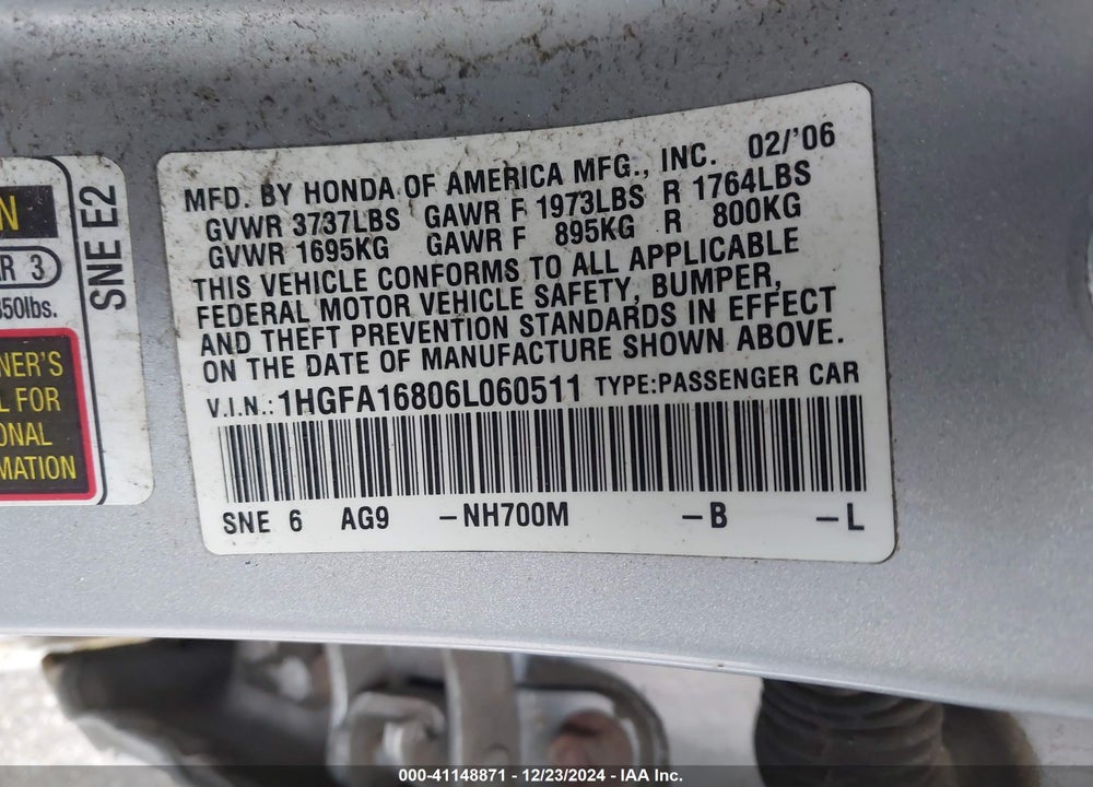 2006 HONDA CIVIC EX VIN: 1HGFA16806L060511