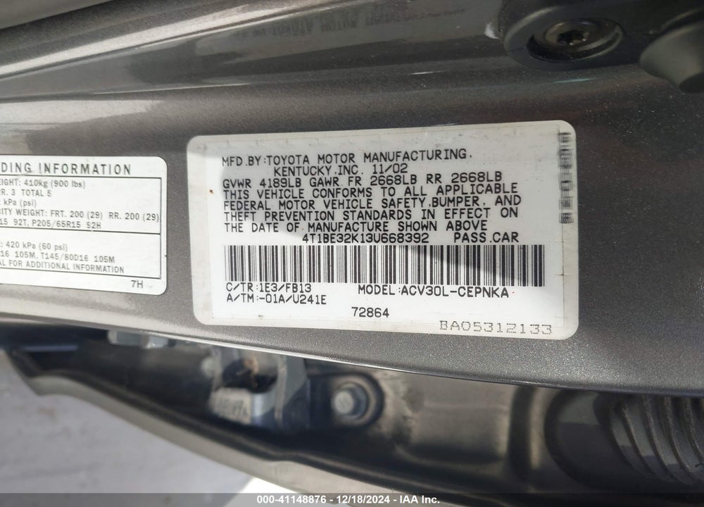 2003 TOYOTA CAMRY LE VIN: 4T1BE32K13U668392