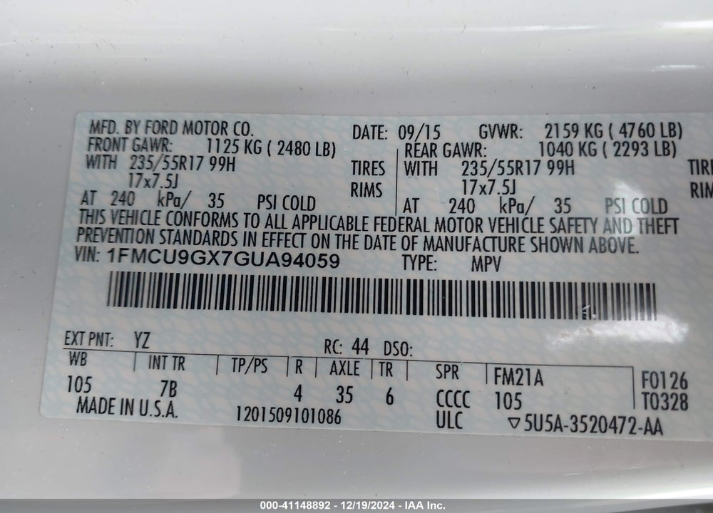 2016 FORD ESCAPE SE VIN: 1FMCU9GX7GUA94059