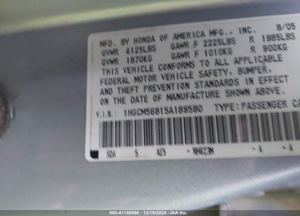 2005 HONDA ACCORD 2.4 EX VIN: 1HGCM56815A189580