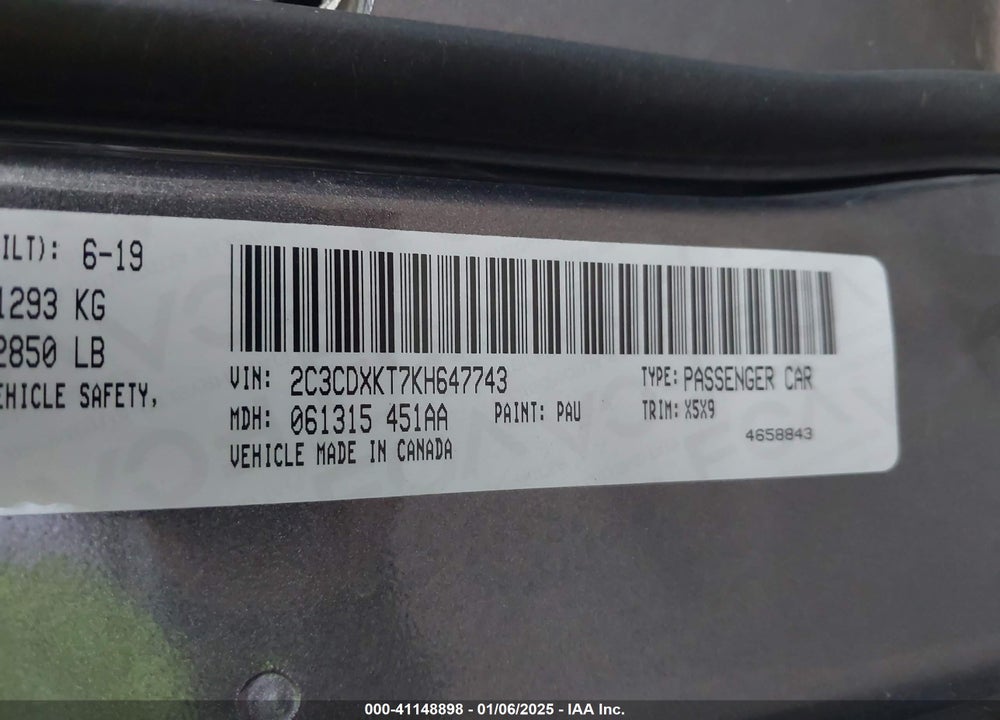 2019 DODGE CHARGER VIN: 2C3CDXKT7KH647743