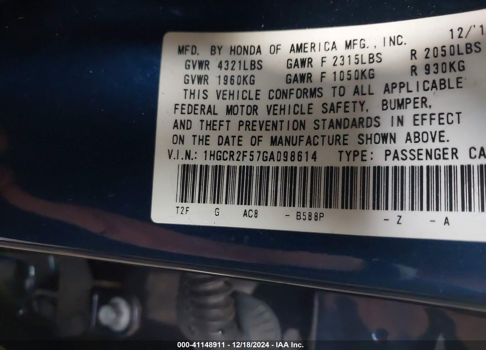 2016 HONDA ACCORD SPORT VIN: 1HGCR2F57GA098614