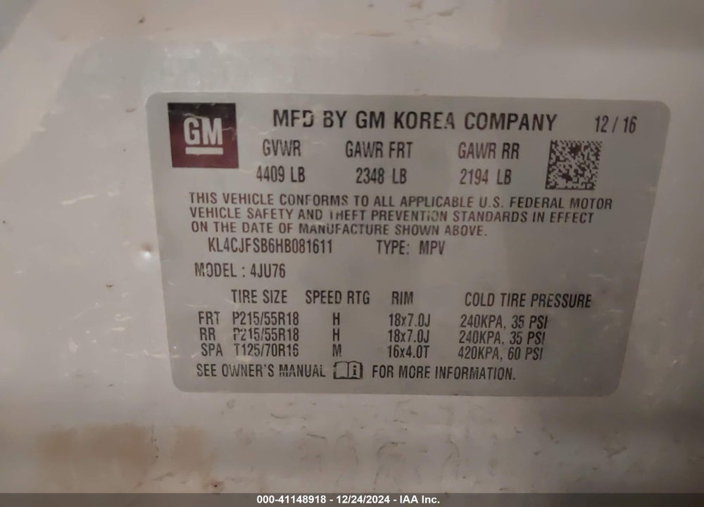 2017 BUICK ENCORE VIN: KL4CJFSB6HB081611