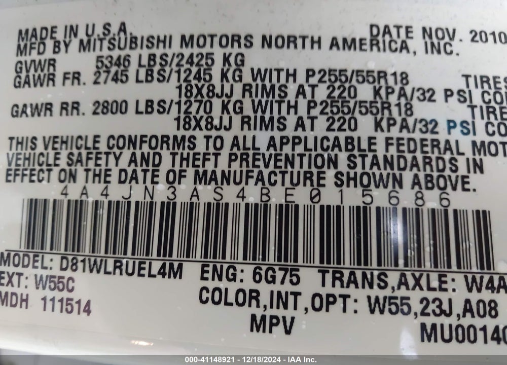 2011 MITSUBISHI ENDEAVOR SE VIN: 4A4JN3AS4BE015686