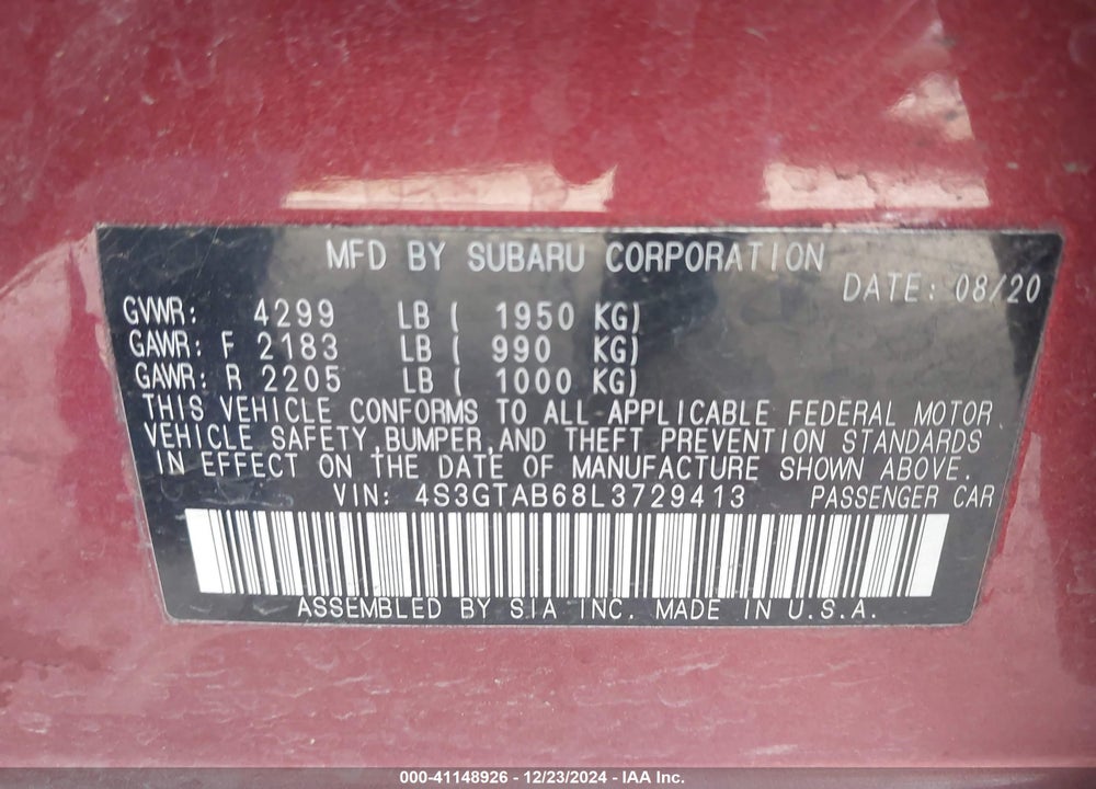 2020 SUBARU IMPREZA VIN: 4S3GTAB68L3729413