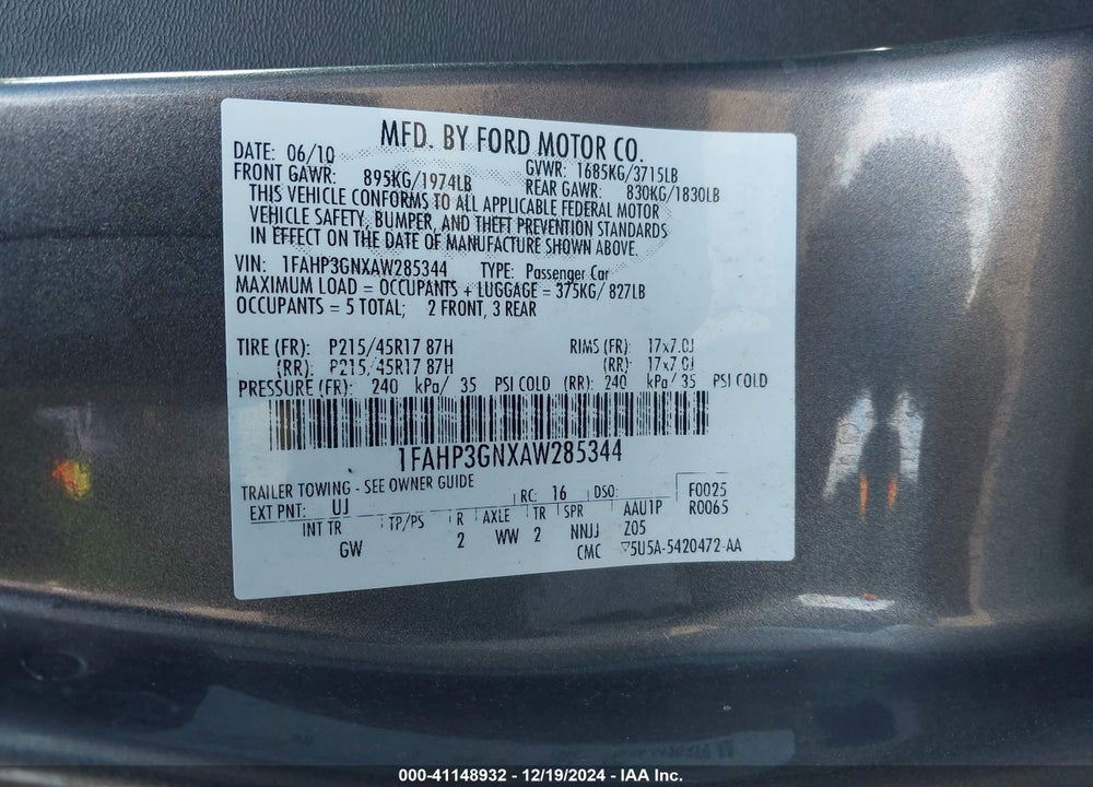 2010 FORD FOCUS SES VIN: 1FAHP3GNXAW285344
