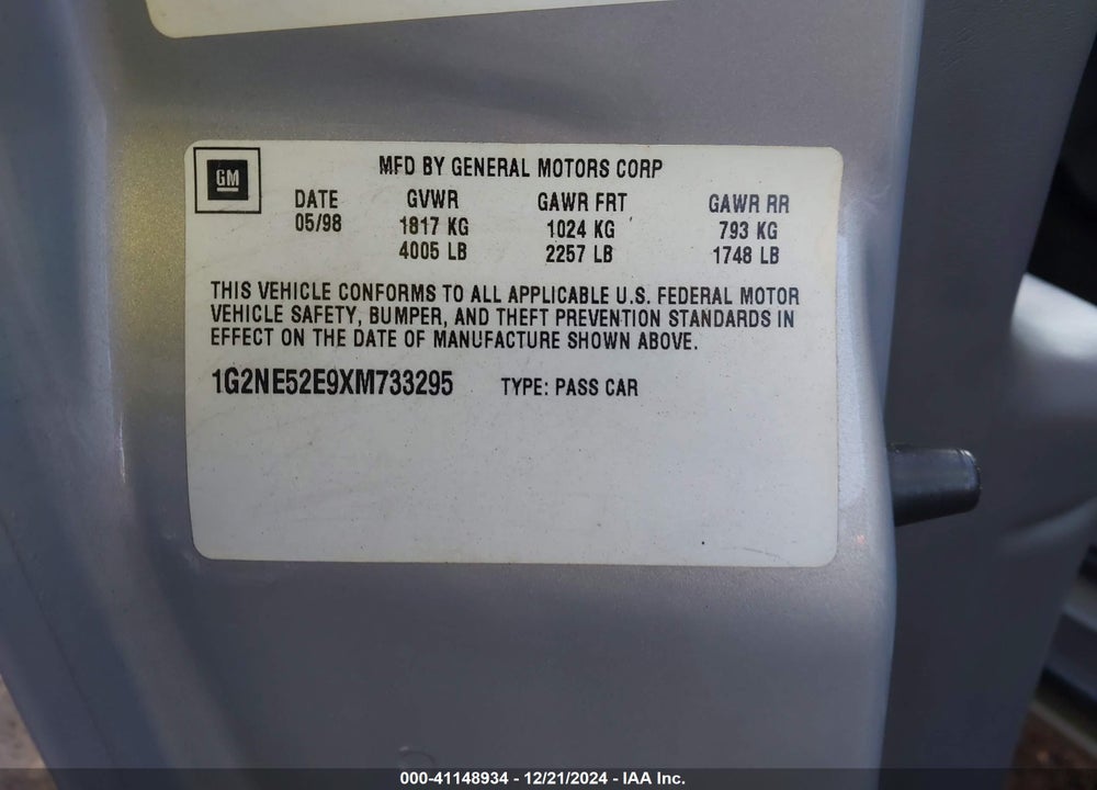 1999 PONTIAC GRAND AM SE1 VIN: 1G2NE52E9XM733295