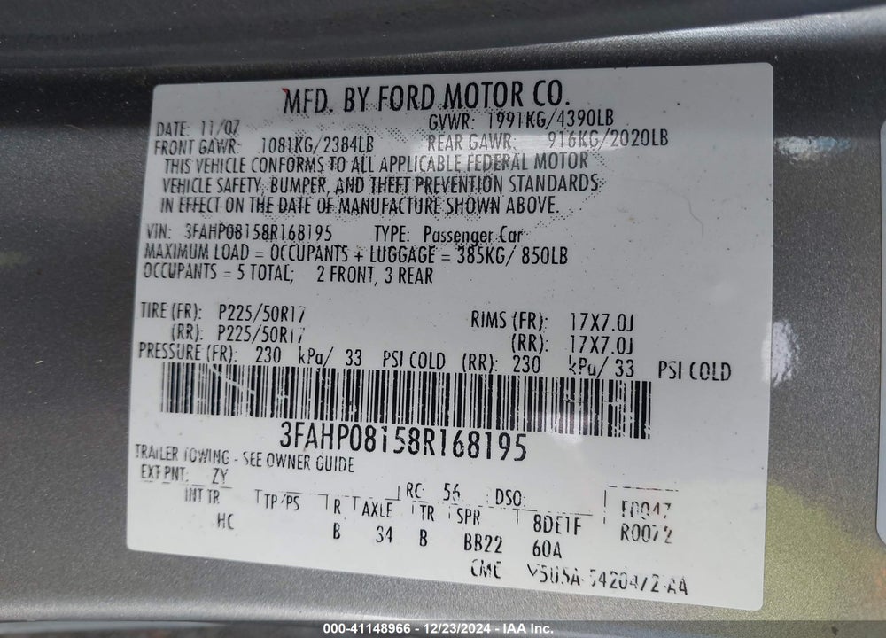 2008 FORD FUSION VIN: 3FAHP08158R168195