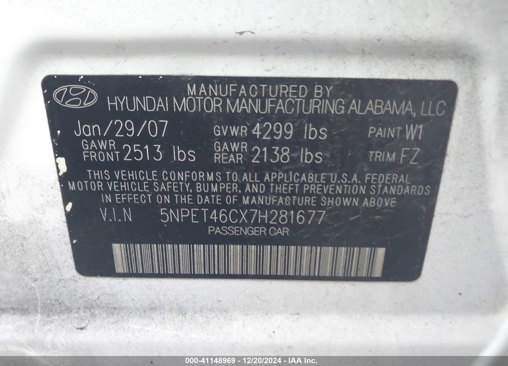 2007 HYUNDAI SONATA VIN: 5NPET46CX7H281677