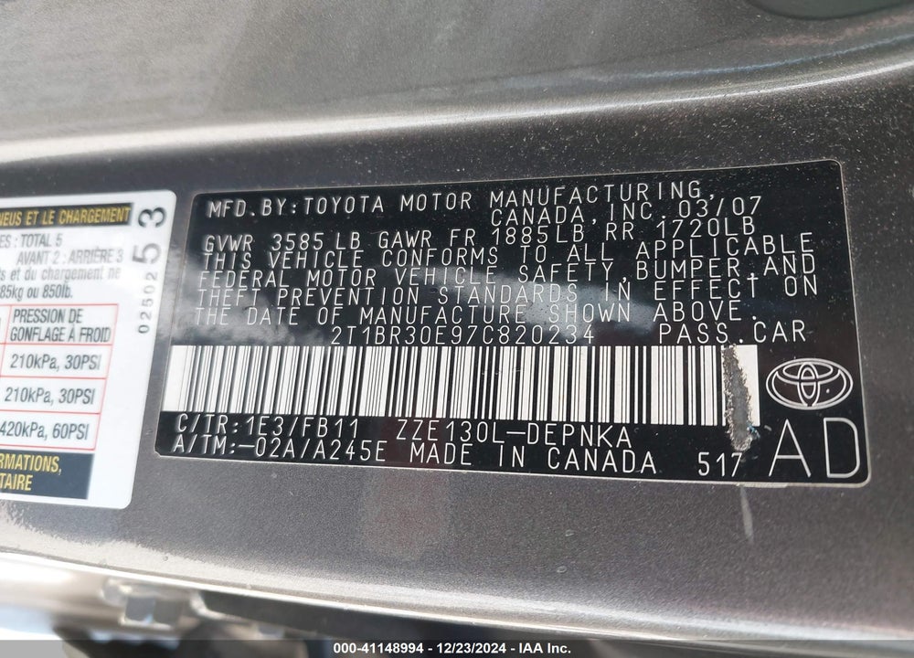 2007 TOYOTA COROLLA LE VIN: 2T1BR30E97C820234