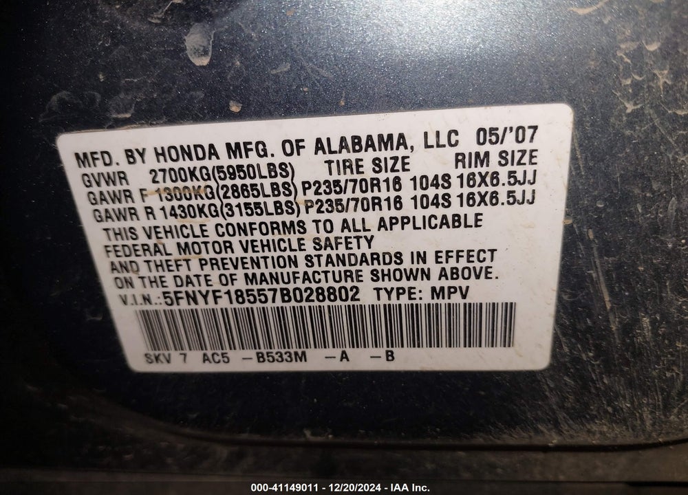 2007 HONDA PILOT EX-L VIN: 5FNYF18557B028802