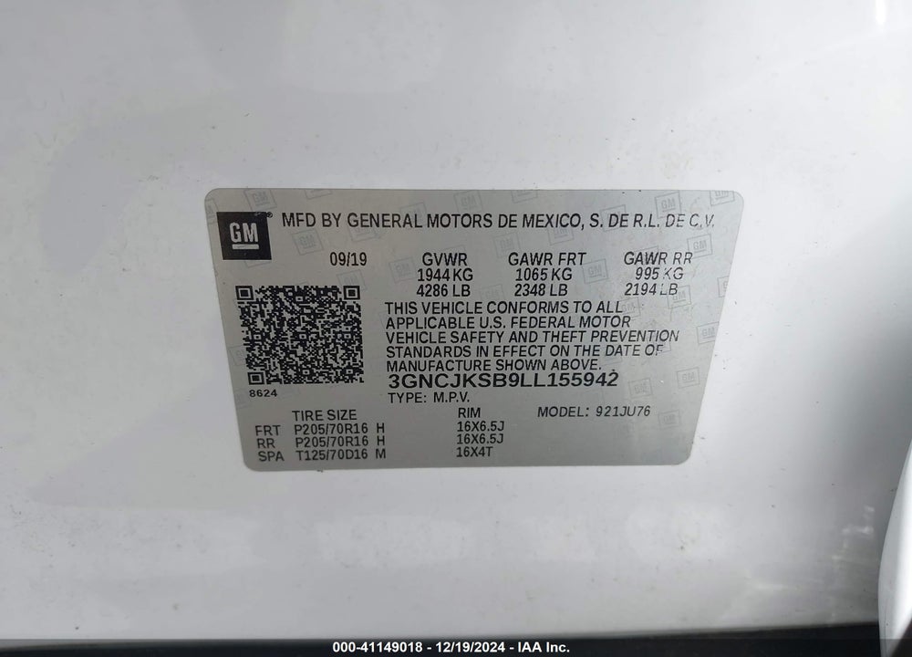 2020 CHEVROLET TRAX FWD LS VIN: 3GNCJKSB9LL155942