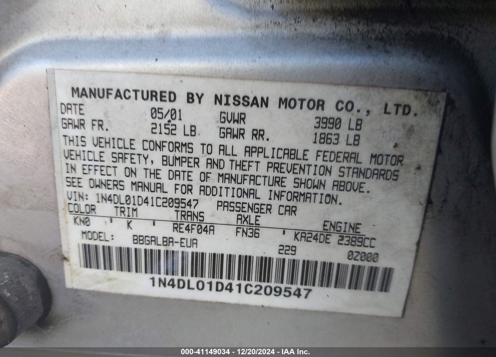2001 NISSAN ALTIMA GXE VIN: 1N4DL01D41C209547