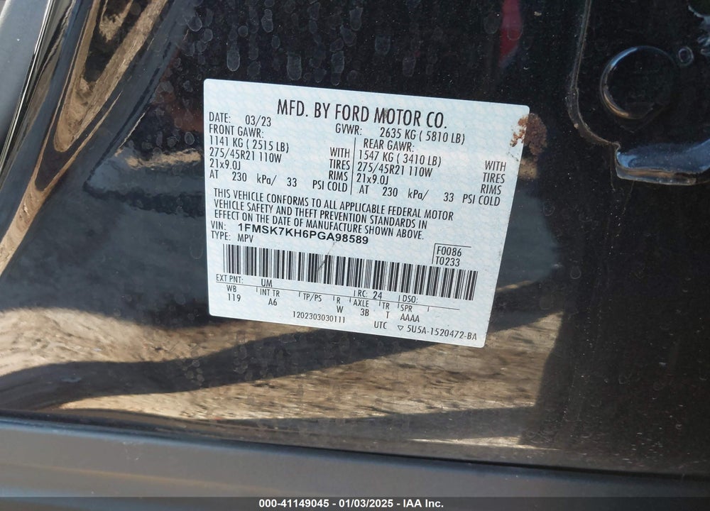 2023 FORD EXPLORER ST-LINE VIN: 1FMSK7KH6PGA98589