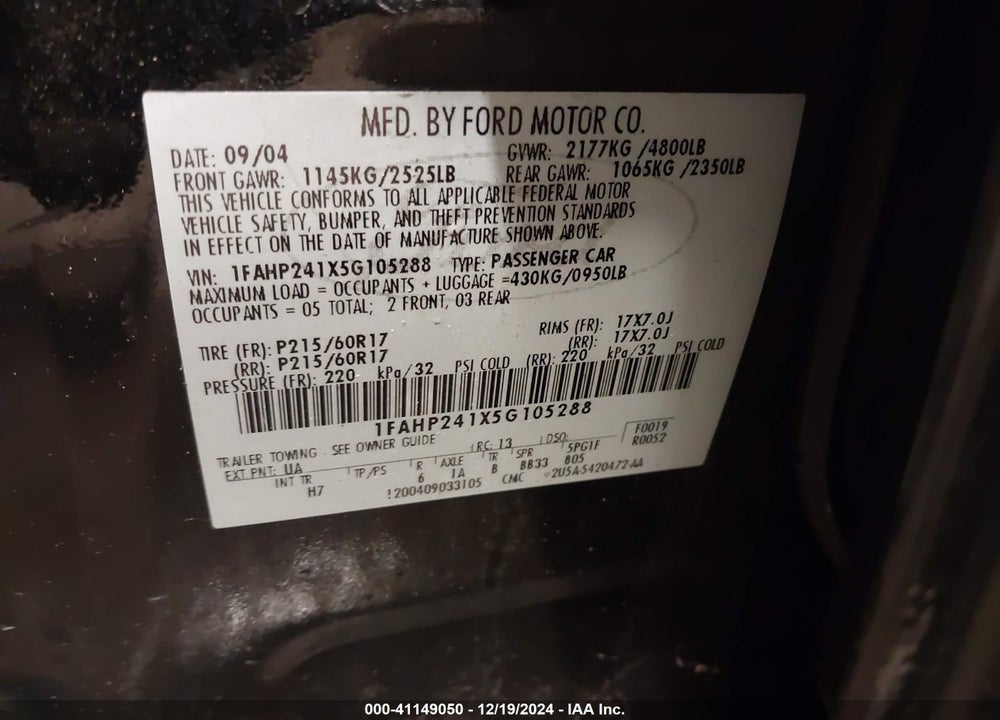 2005 FORD FIVE HUNDRED SEL VIN: 1FAHP241X5G105288