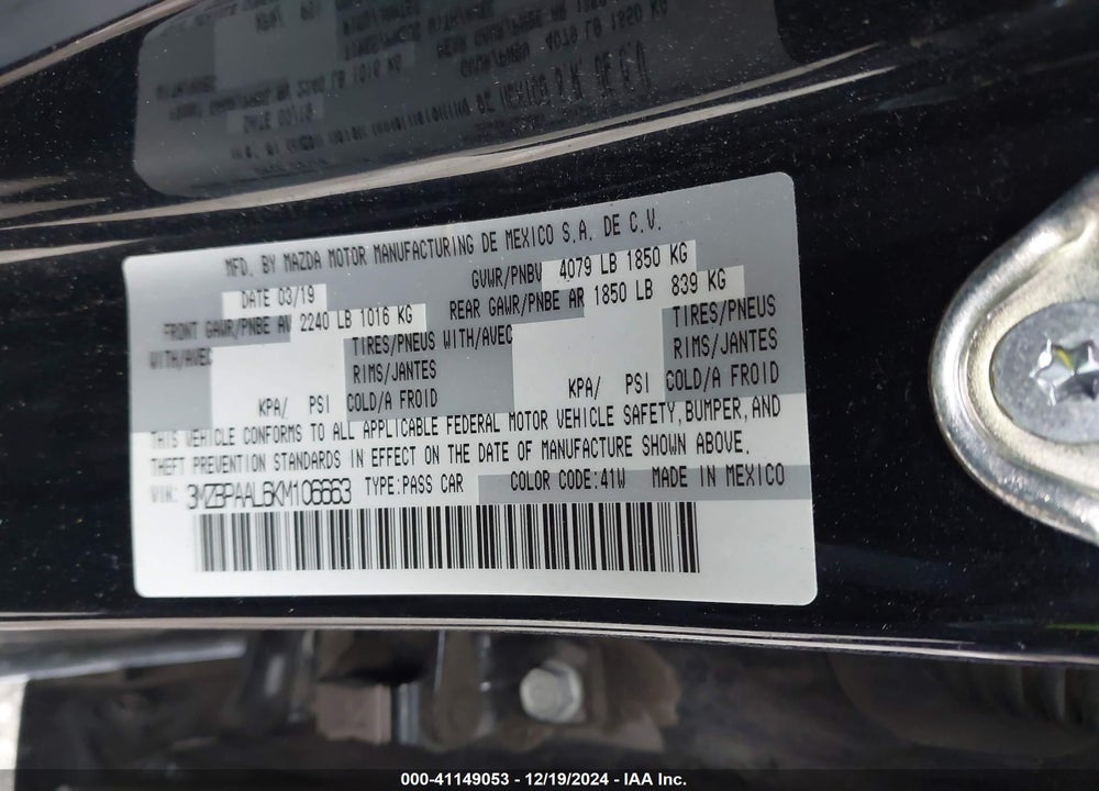 2019 MAZDA 3 SELECT PACKAGE VIN: 3MZBPAAL6KM106663