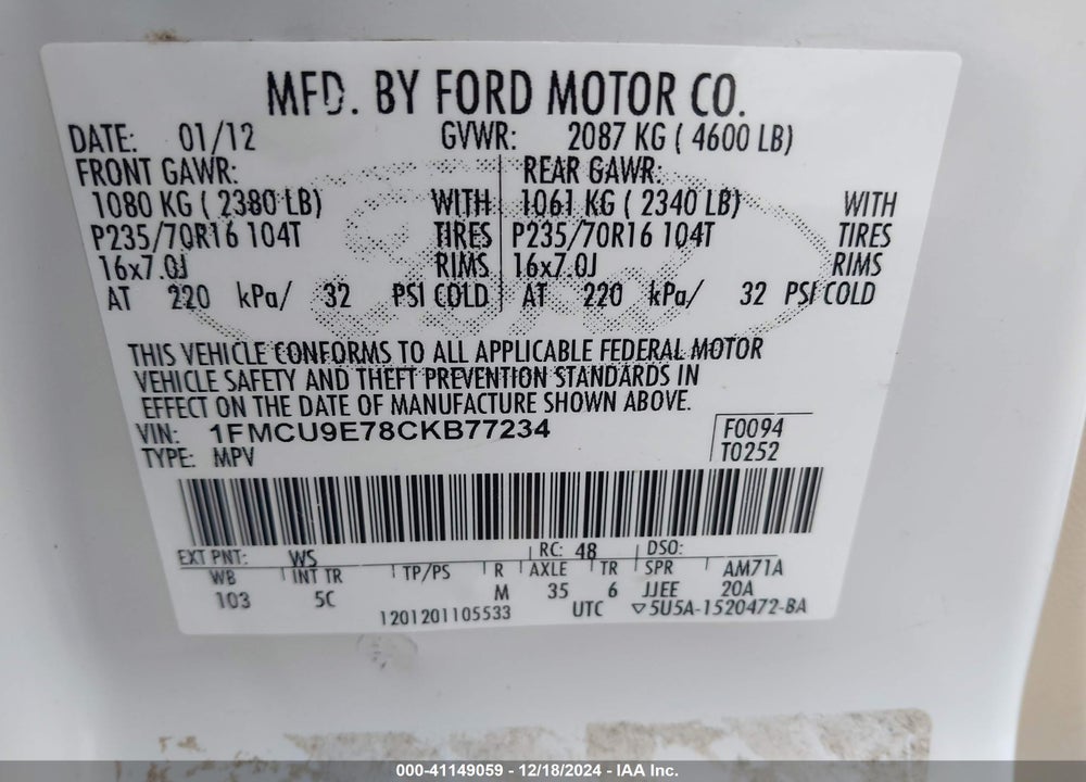 2012 FORD ESCAPE LIMITED VIN: 1FMCU9E78CKB77234