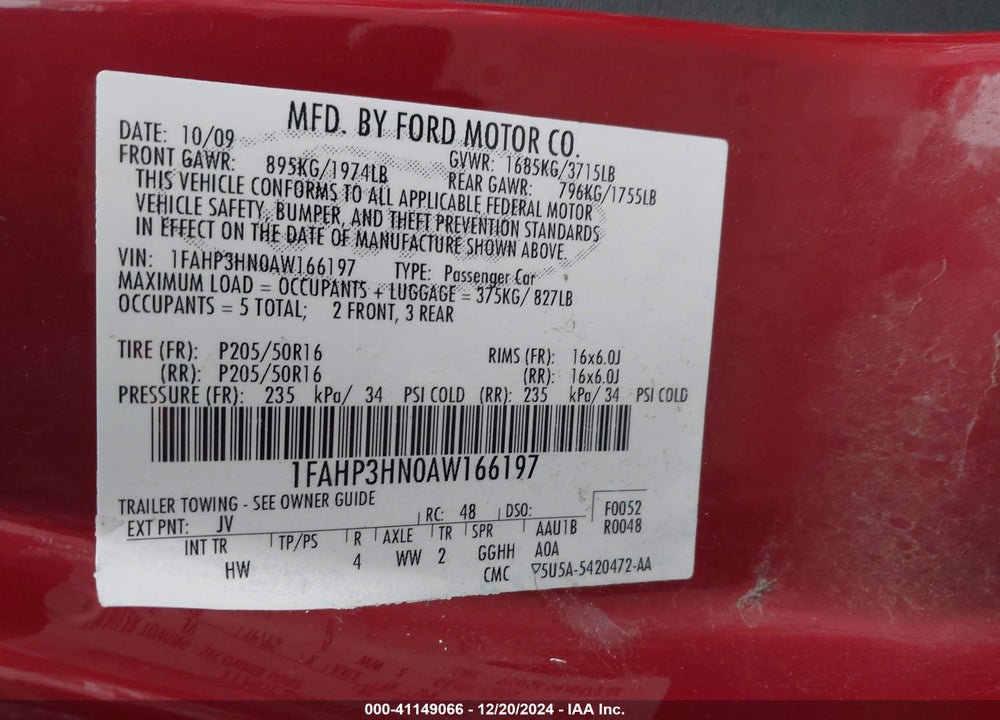2010 FORD FOCUS VIN: 1FAHP3HN0AW166197