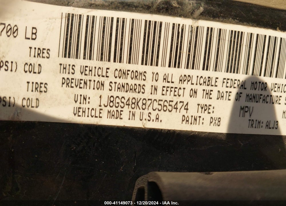 2007 JEEP GRAND CHEROKEE LAREDO VIN: 1J8GS48K87C565474