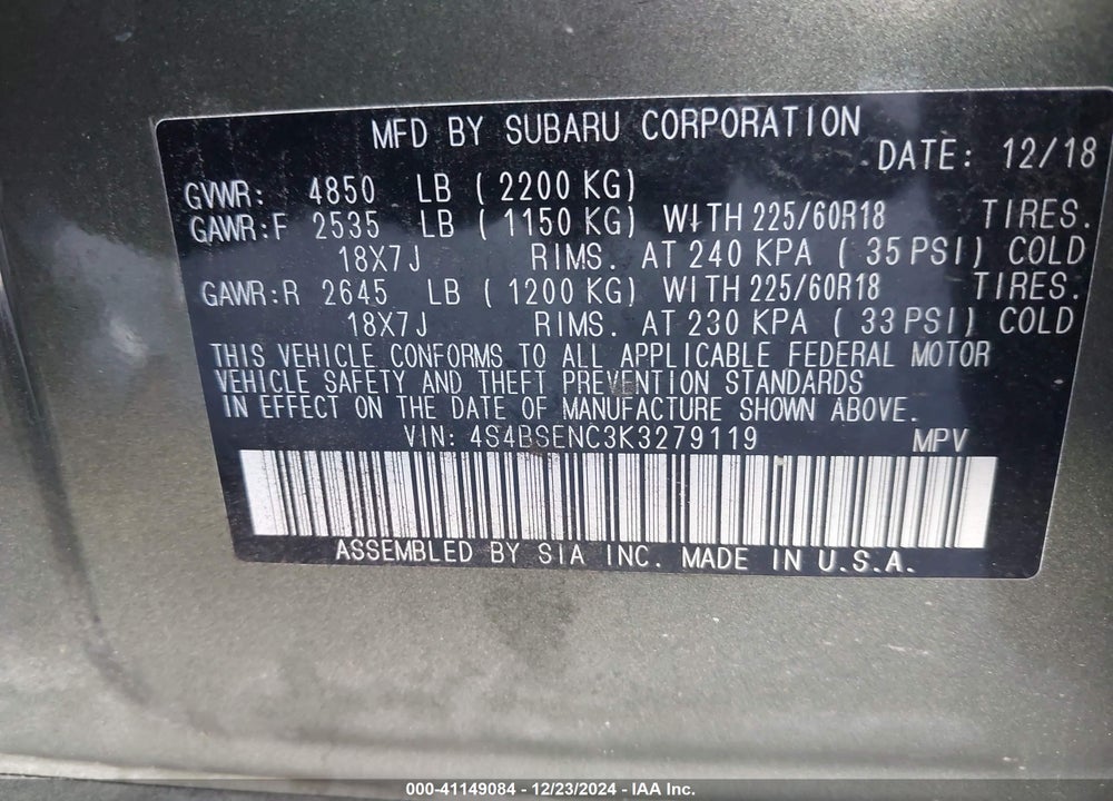 2019 SUBARU OUTBACK VIN: 4S4BSENC3K3279119