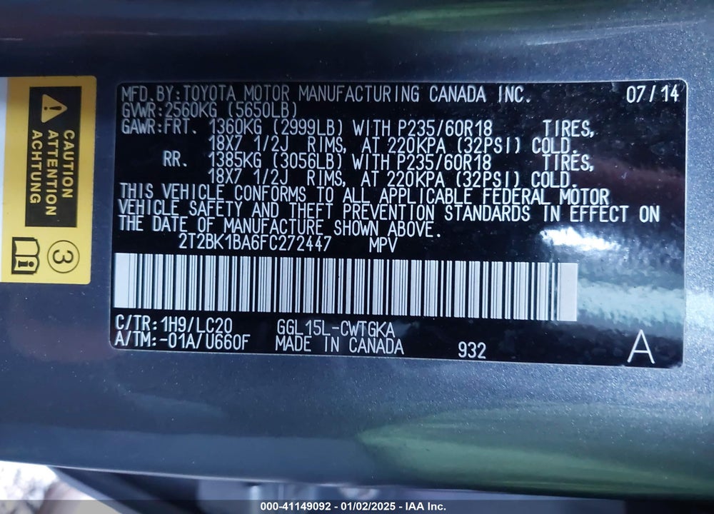 2015 LEXUS RX 350 VIN: 2T2BK1BA6FC272447