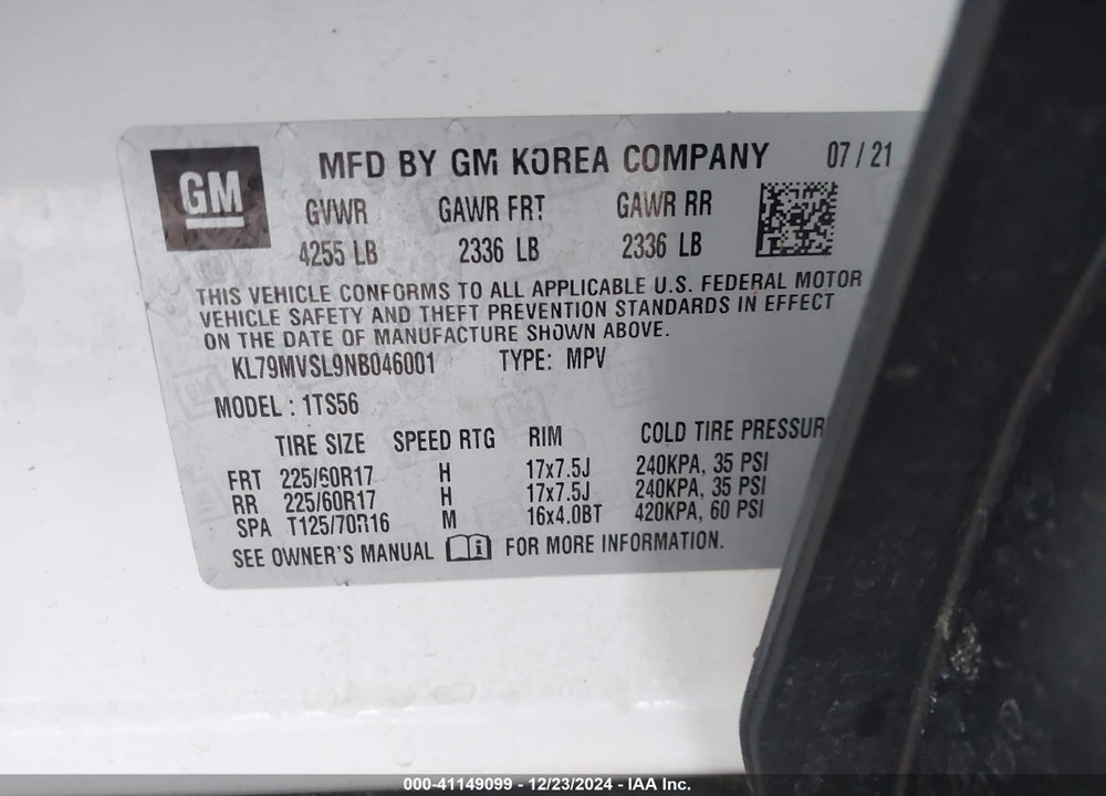2022 CHEVROLET TRAILBLAZER VIN: KL79MVSL9NB046001