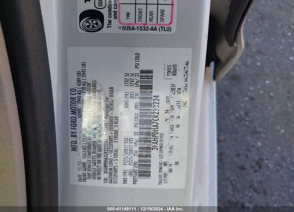 2012 FORD FUSION VIN: 3FAHP0HA7CR233234
