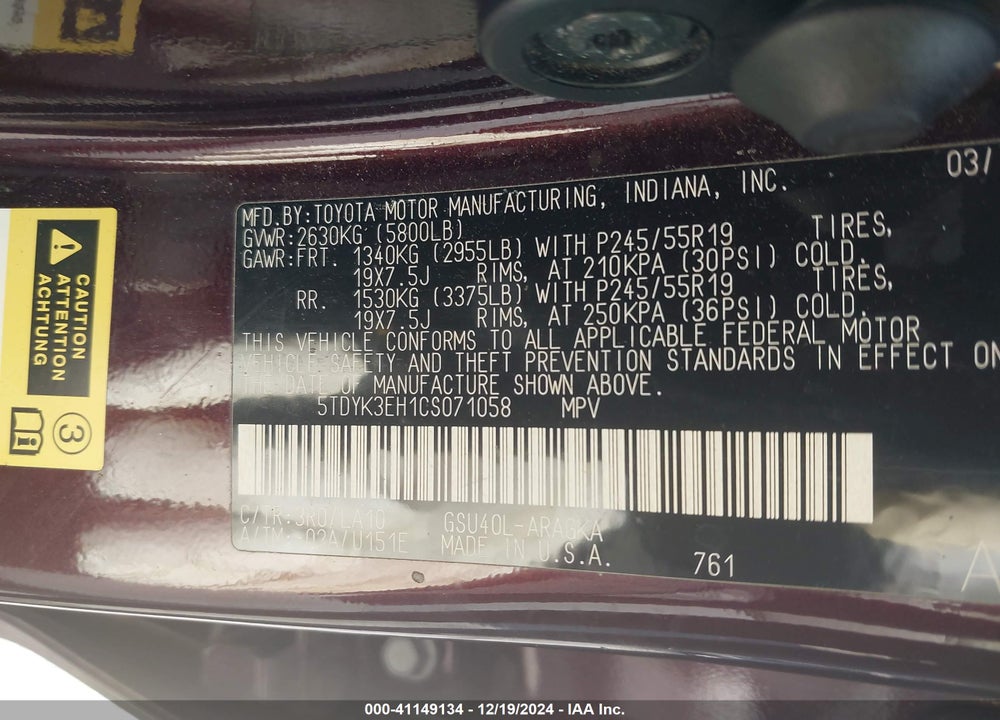 2012 TOYOTA HIGHLANDER LIMITED V6 VIN: 5TDYK3EH1CS071058