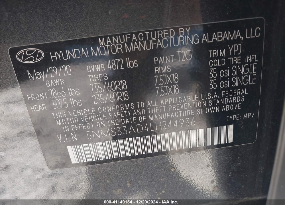 2020 HYUNDAI SANTA FE SEL VIN: 5NMS33AD4LH244936