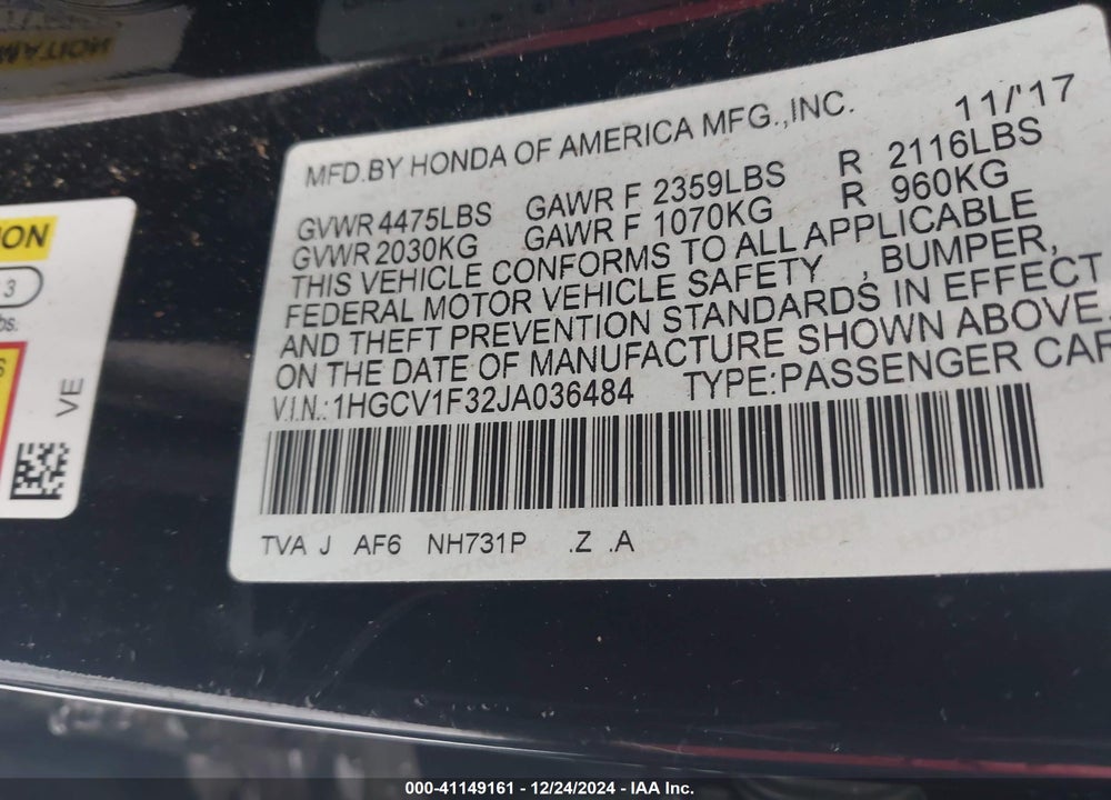 2018 HONDA ACCORD VIN: 1HGCV1F32JA036484
