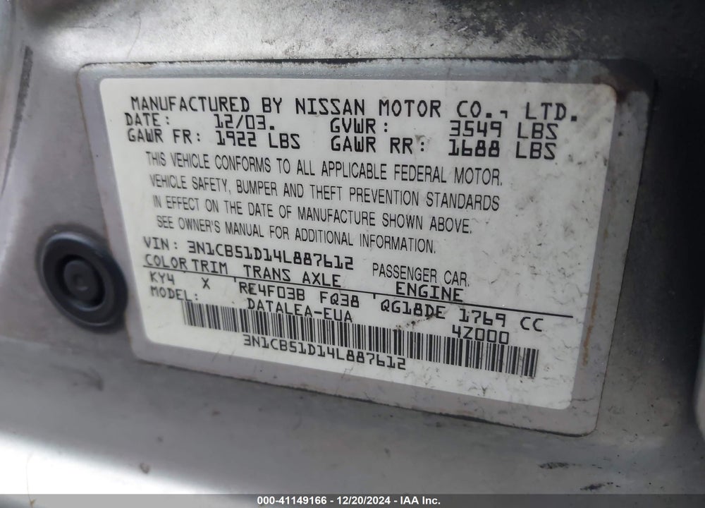 2004 NISSAN SENTRA 1.8S VIN: 3N1CB51D14L887612