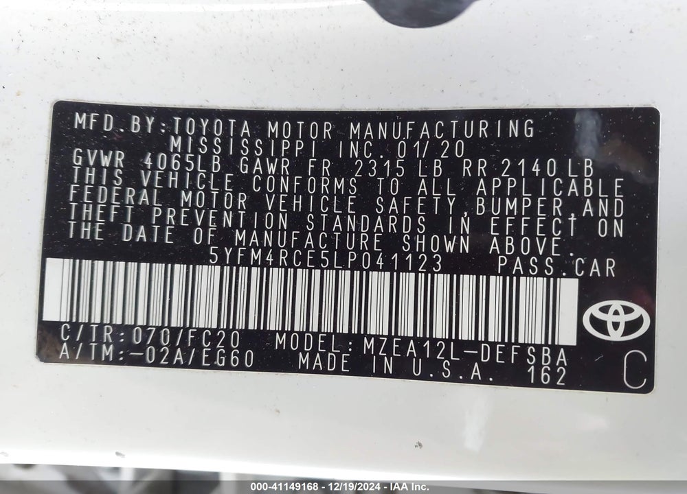 2020 TOYOTA COROLLA VIN: 5YFM4RCE5LP041123