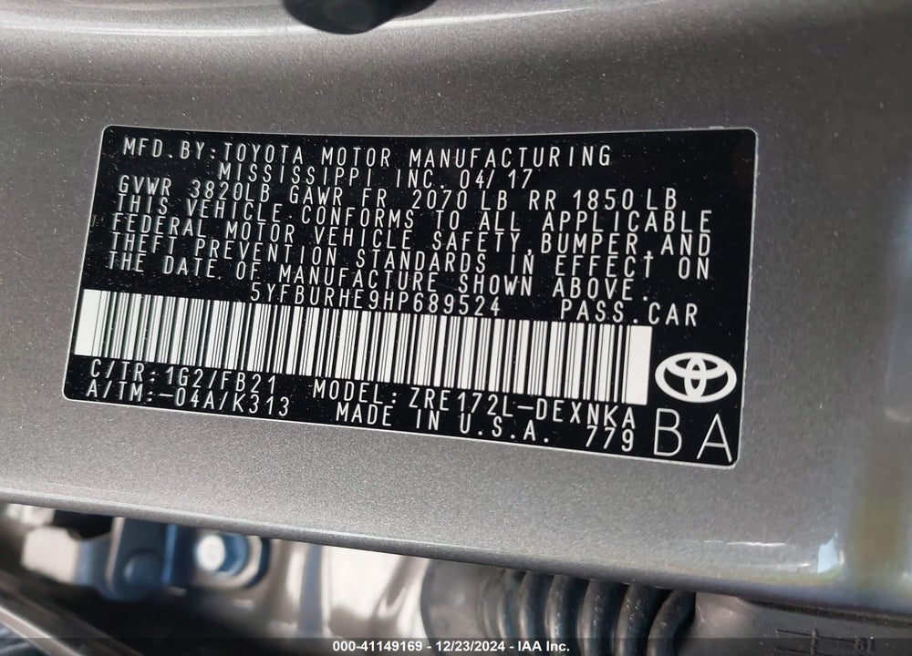 2017 TOYOTA COROLLA VIN: 5YFBURHE9HP689524