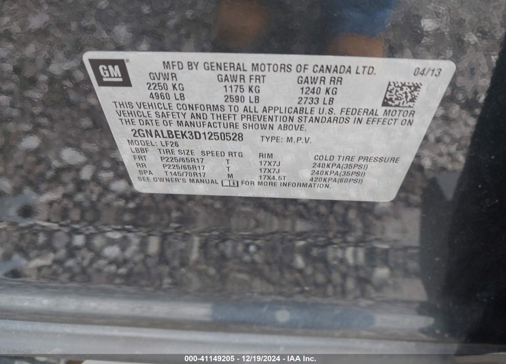 2013 CHEVROLET EQUINOX LS VIN: 2GNALBEK3D1250528