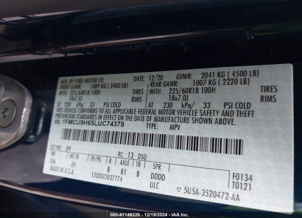 2020 FORD ESCAPE SEL VIN: 1FMCU9H65LUC74379