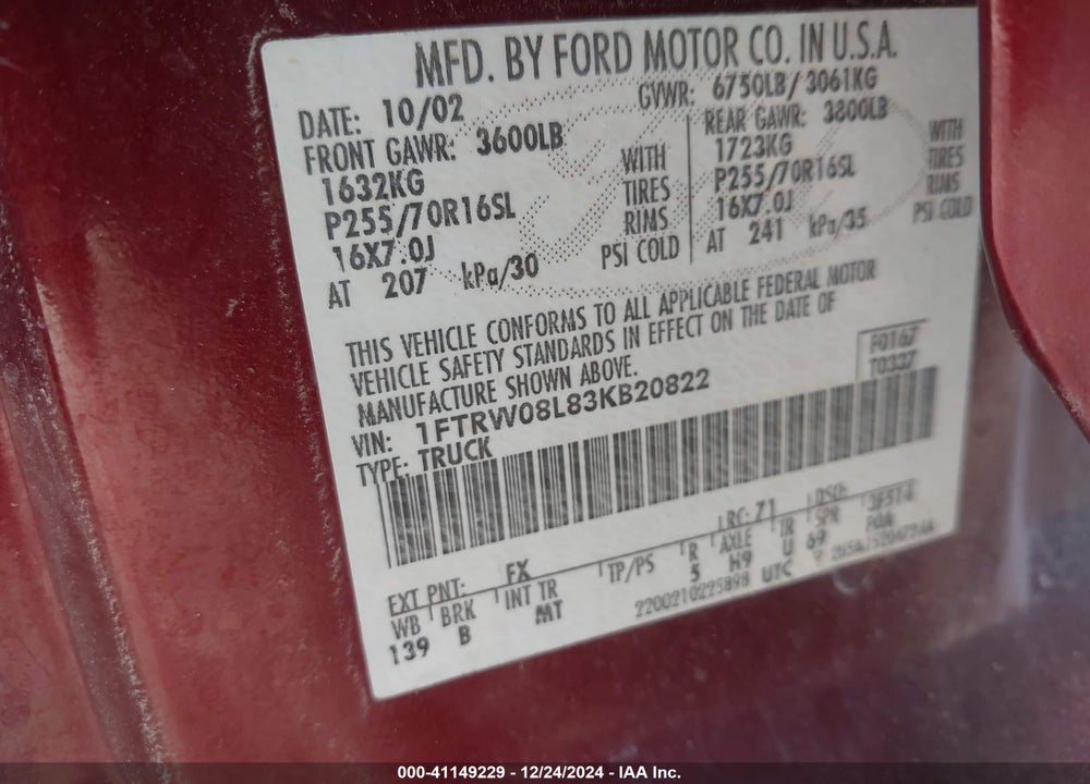 2003 FORD F-150 LARIAT/XLT VIN: 1FTRW08L83KB20822