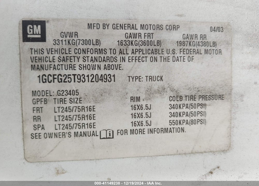 2003 CHEVROLET EXPRESS VIN: 1GCFG25T931204931