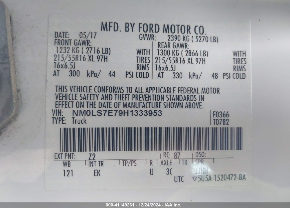2017 FORD TRANSIT CONNECT XL VIN: NM0LS7E79H1333953