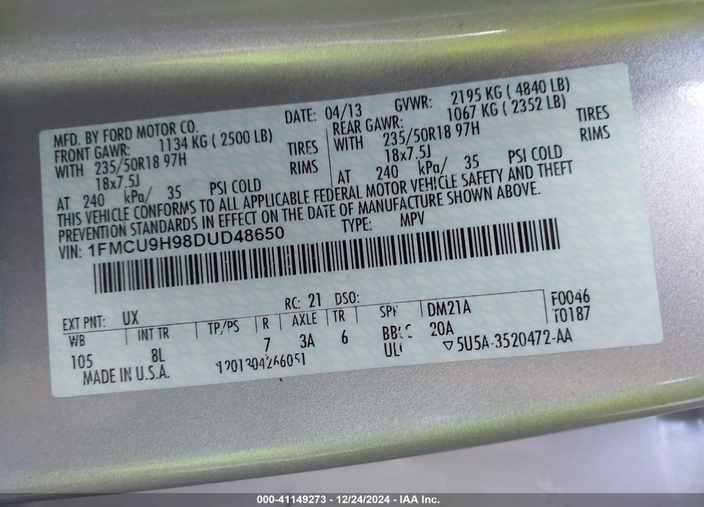 2013 FORD ESCAPE SEL VIN: 1FMCU9H98DUD48650