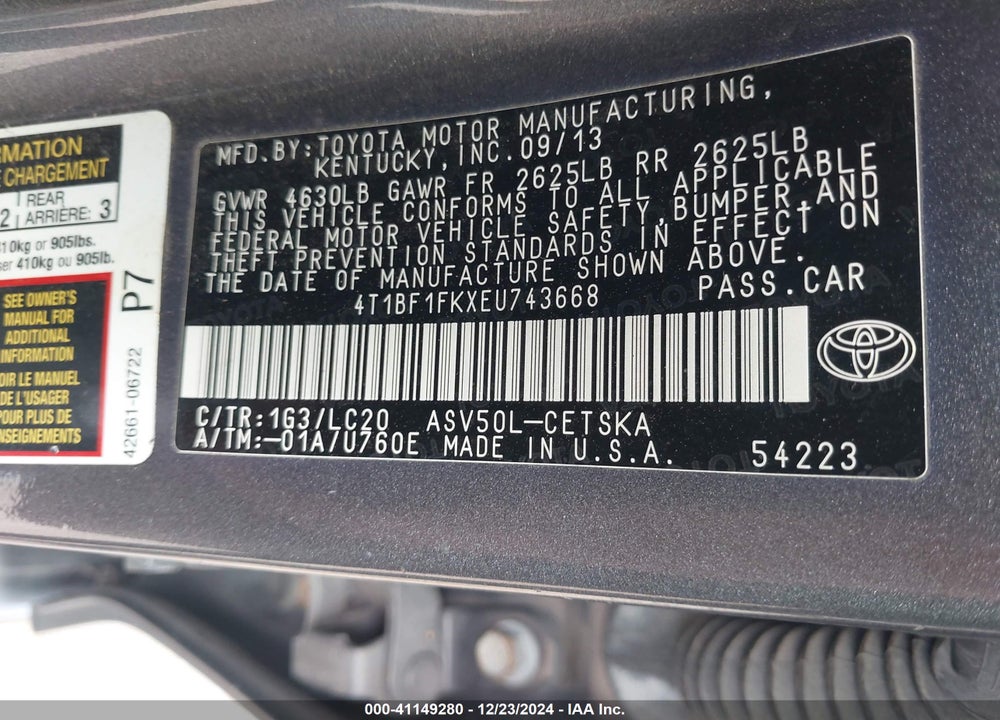 2014 TOYOTA CAMRY VIN: 4T1BF1FKXEU743668