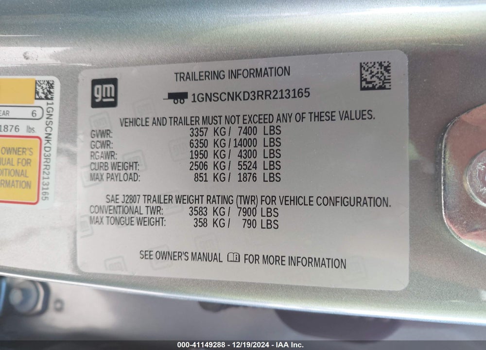 2024 CHEVROLET TAHOE 2WD LT VIN: 1GNSCNKD3RR213165
