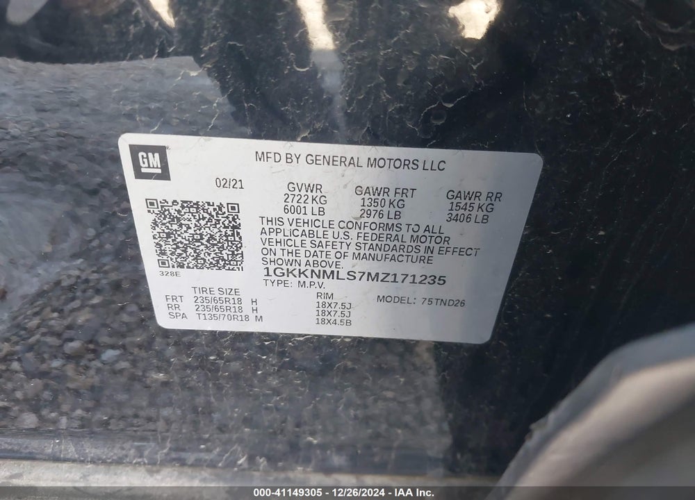 2021 GMC ACADIA FWD SLT VIN: 1GKKNMLS7MZ171235