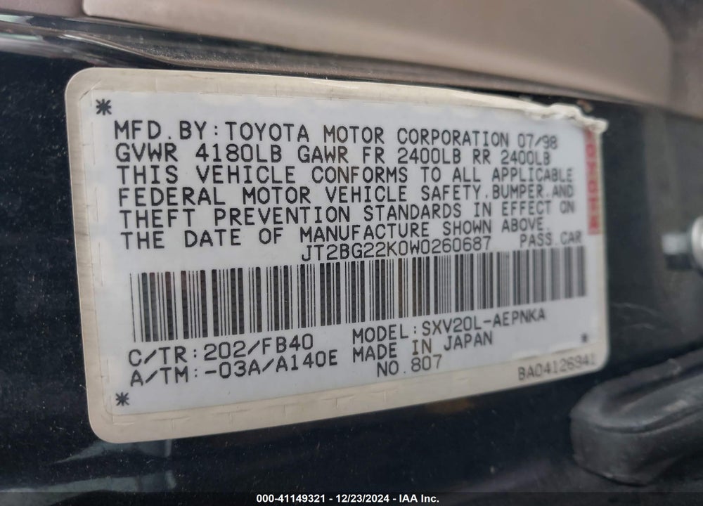 1998 TOYOTA CAMRY LE VIN: JT2BG22K0W0260687