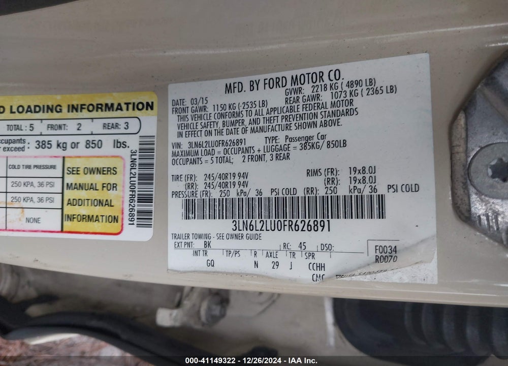2015 LINCOLN MKZ HYBRID VIN: 3LN6L2LU0FR626891