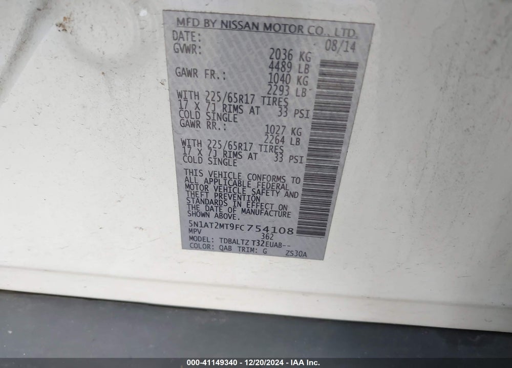 2015 NISSAN ROGUE SV VIN: 5N1AT2MT9FC754108