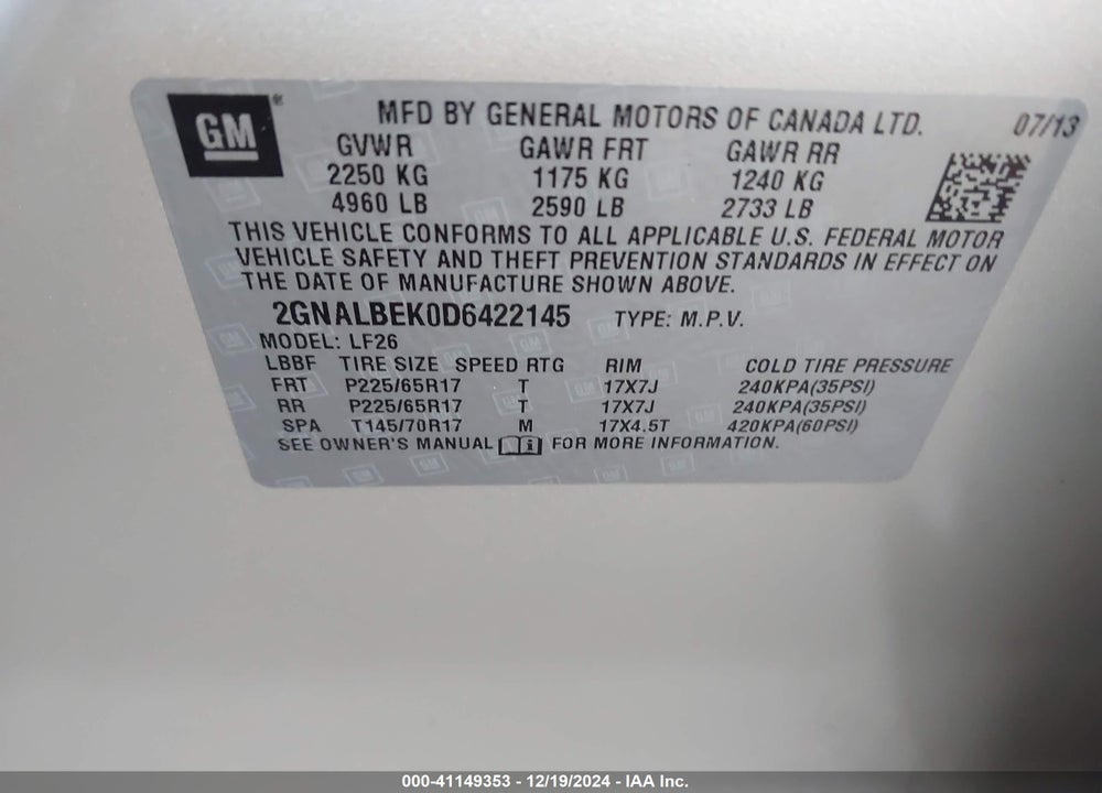 2013 CHEVROLET EQUINOX LS VIN: 2GNALBEK0D6422145