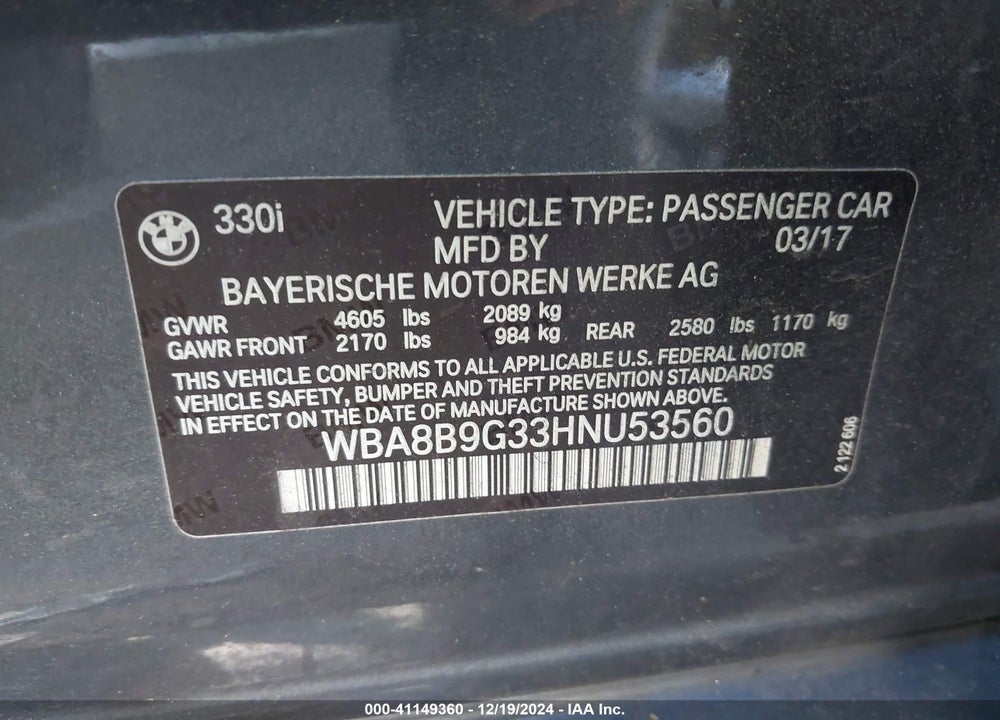2017 BMW 330I VIN: WBA8B9G33HNU53560